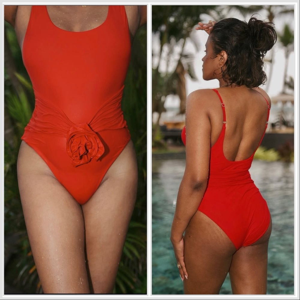 NWT Magda Butrym x H&M Rose Appliqué Swimsuit in Red sz L